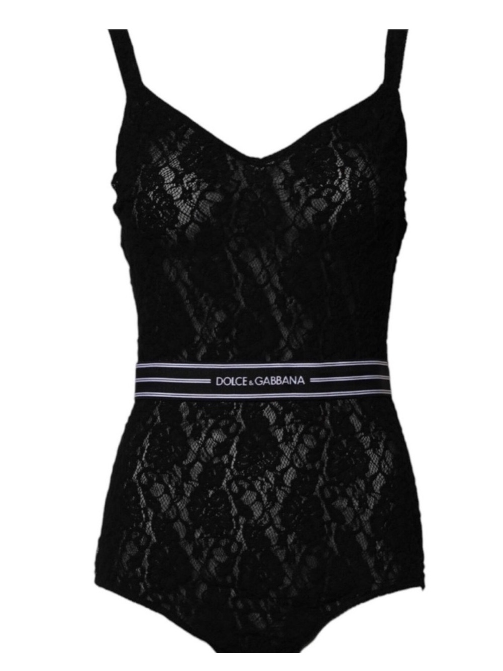 Dolce & Gabbana Black Lace Logo-Trim One-Piece